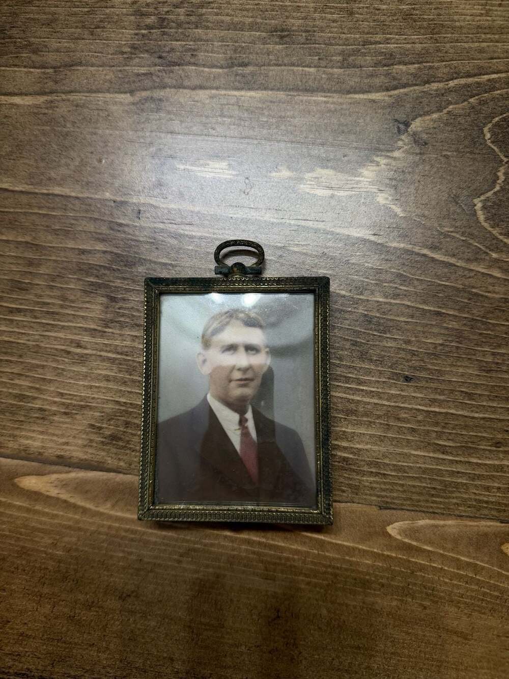 Vintage Mini Brass Metal Framed Convex Bubble Glass Portrait Photo of a Gentlema